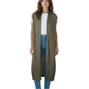 Tahari Boho Neutral Merino Wool Open Front Sleeveless Knit Duster Vest Med Tan